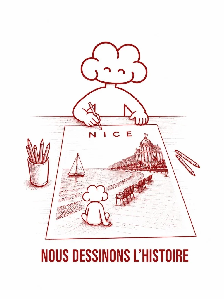 Illustration : la mascotte Dybness dessine l'affiche de Nice, la Promenade des Anglais