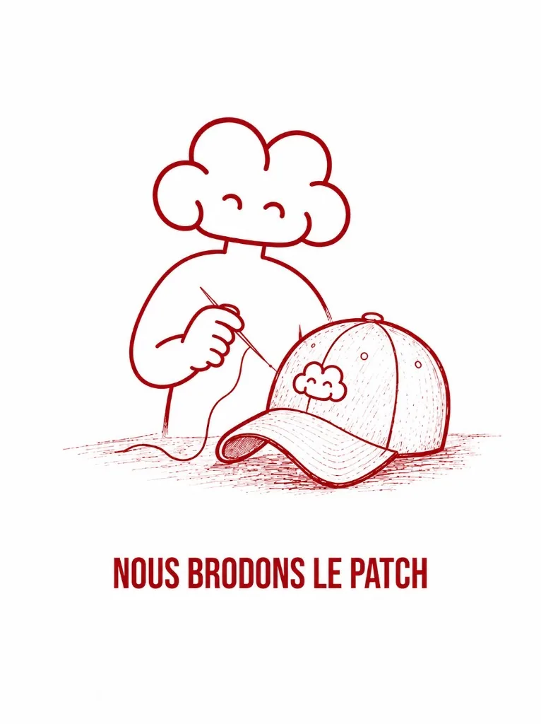 Illustration : la mascotte Dybness brode le patch de la casquette Foundation