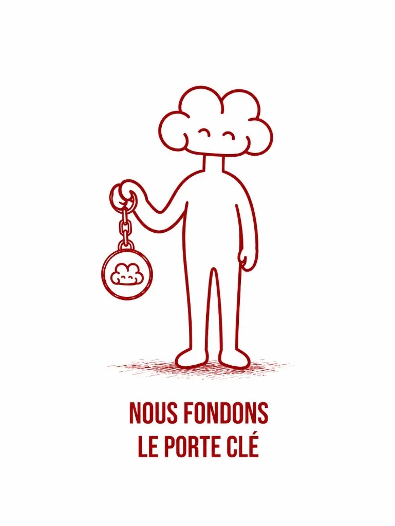 Illustration : la mascotte Dybness tient le porte-clé Foundation