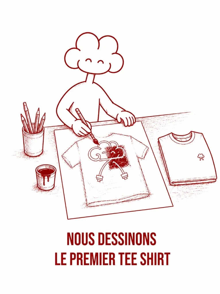 Illustration : la mascotte Dybness dessine le premier tee-shirt, un logo à l'état d'esquisse