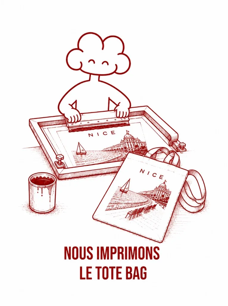 Illustration : la mascotte Dybness imprime le tote bag Foundation en sérigraphie